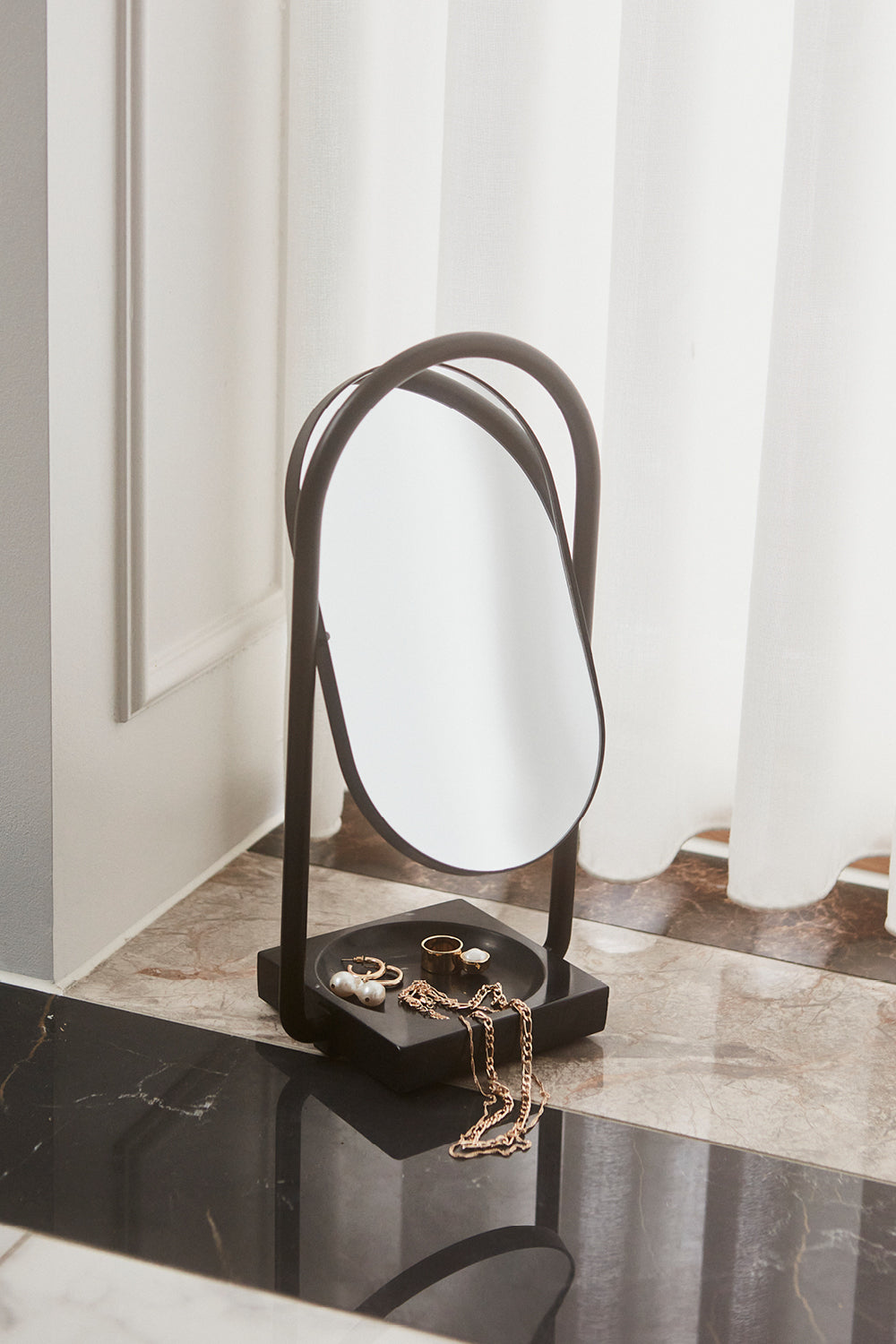 
"Angui" Designer Table Mirror in Marble & Stainless Steel, Black