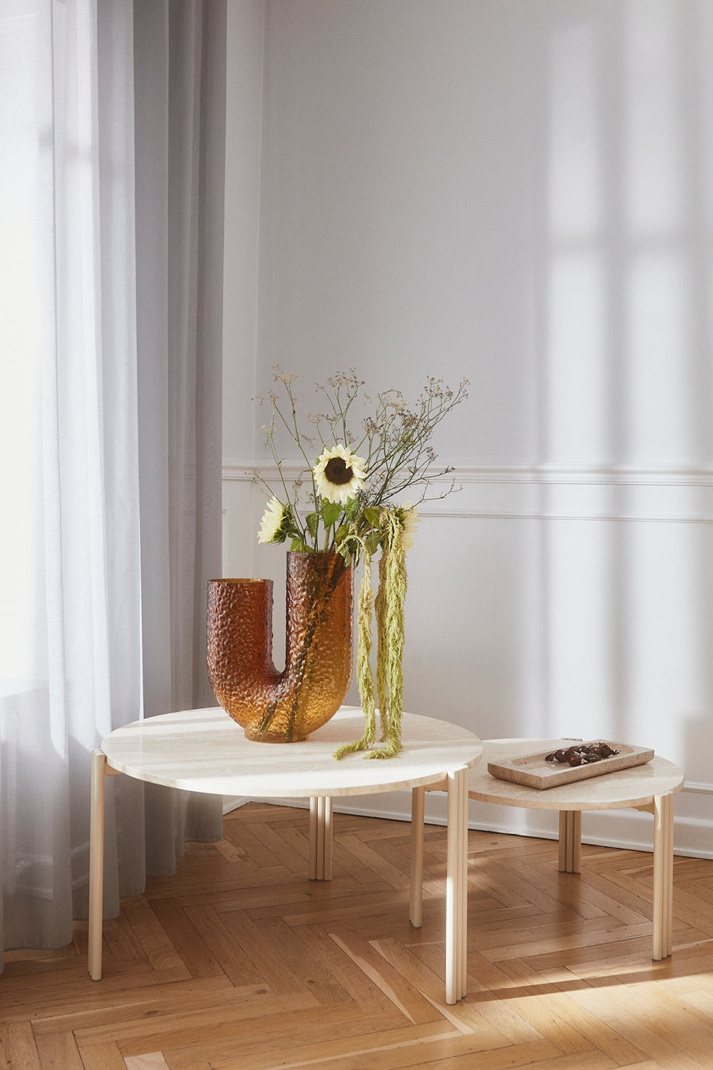 
Marble Design Side/Coffee Table "Tribus" Light Sand/Travertine - Ø 80 x 45 cm
