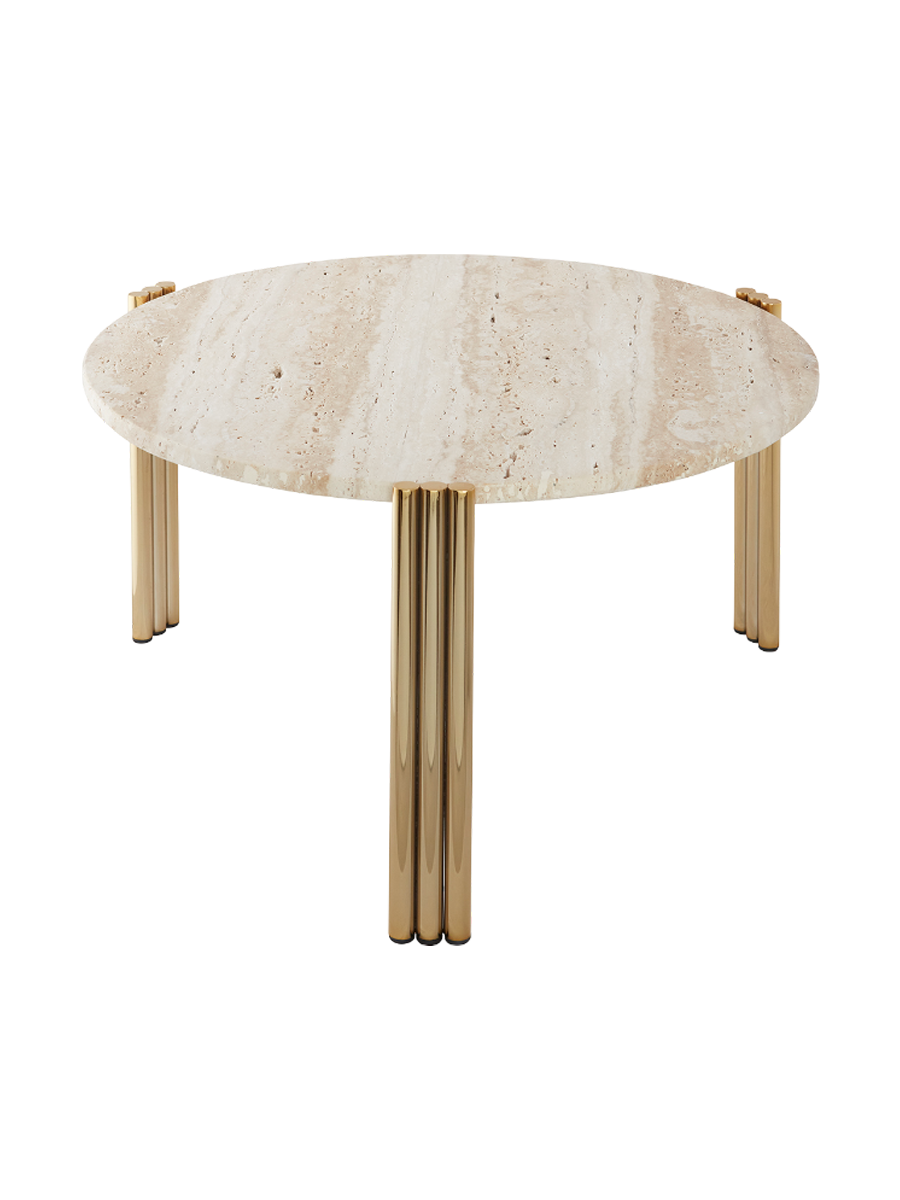 
Marble Design Side/Coffee Table "Tribus" Gold/Travertine - Ø 60 x 35 cm
