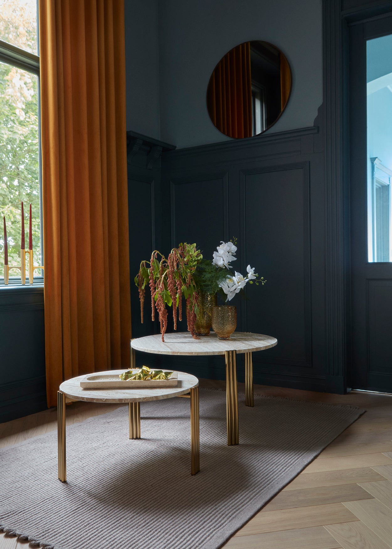 
Marble Design Side/Coffee Table "Tribus" Gold/Travertine - Ø 60 x 35 cm
