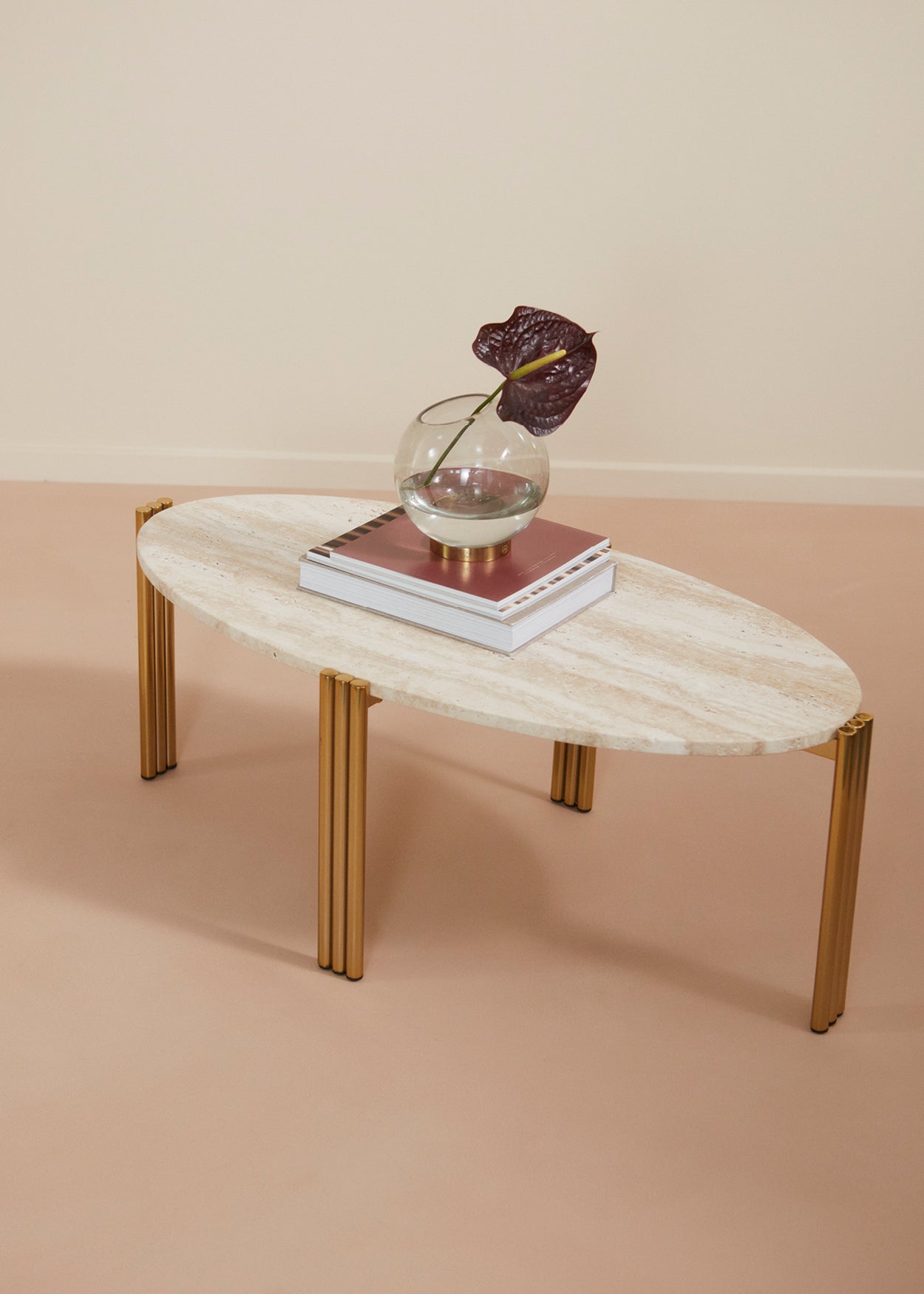 
Marble Design Side/Coffee Table "Tribus" Gold/Travertine - 92.4 x 47.6 cm