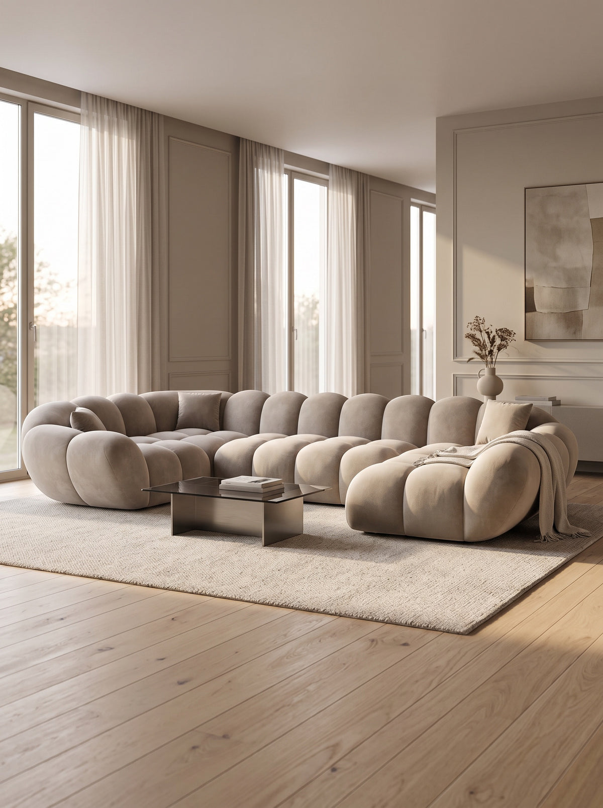 
Divano panoramico di design a 6 posti «Levante XL» con rivestimento in velluto - Rivestimento in velluto Beige scuro / Lato lungo a sinistra