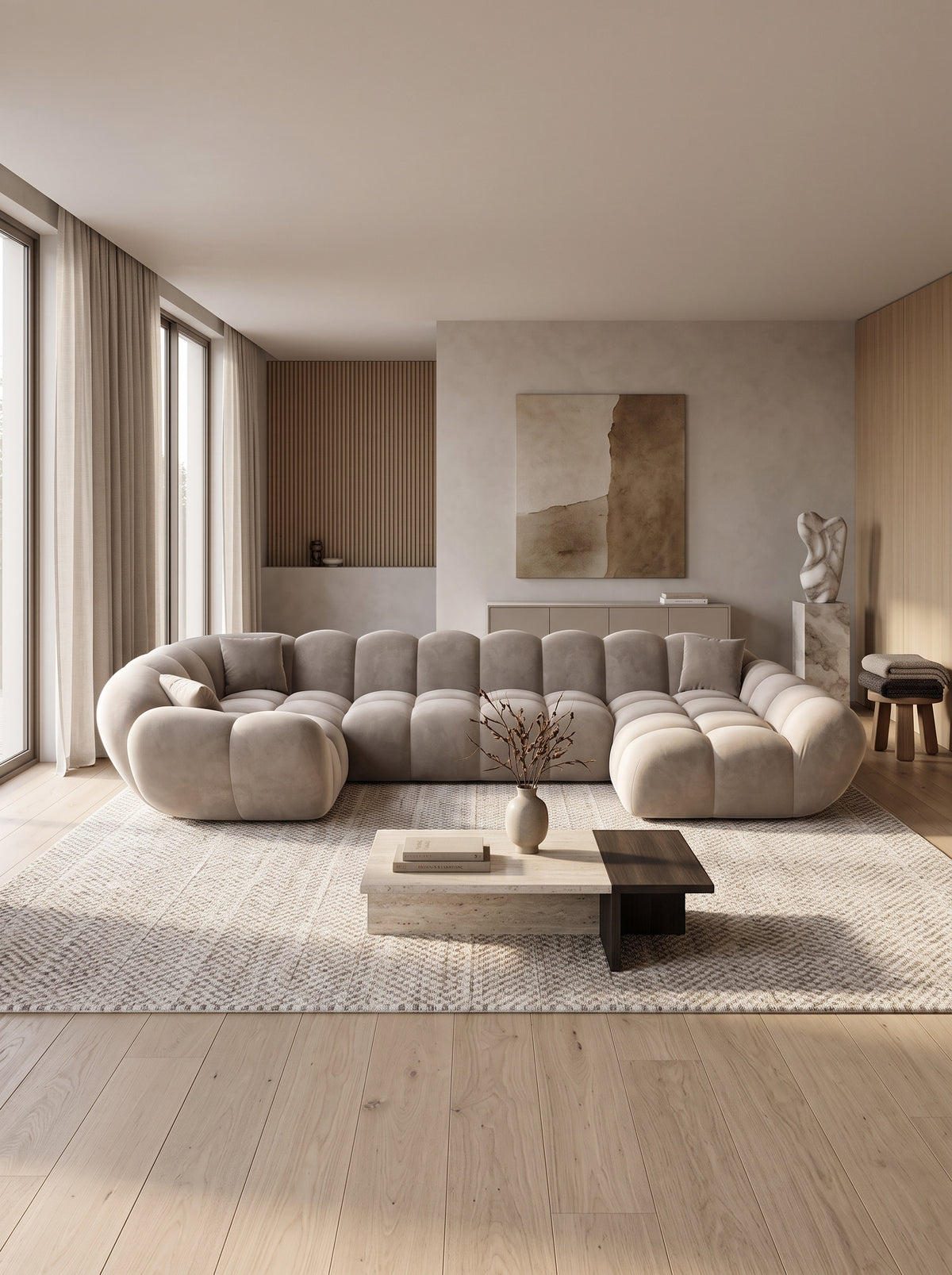 
Divano panoramico di design a 6 posti «Levante XL» con rivestimento in velluto - Rivestimento in velluto Beige scuro / Lato lungo a sinistra