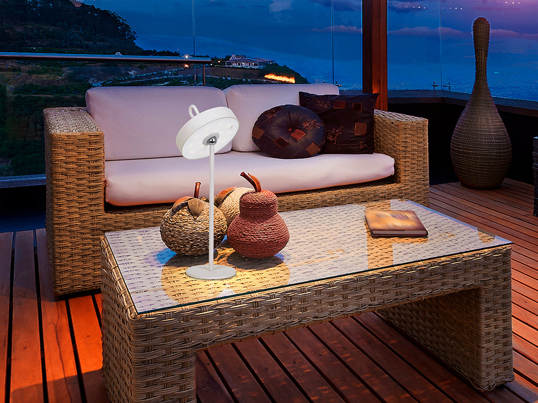 
Tragbare In-/ Outdoor LED Design Tischlampe „Gong“ - Weiss
