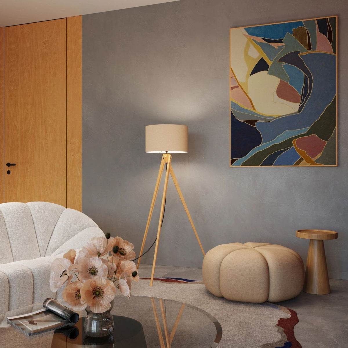 
Design Stehlampe "Natt" - Taupe/Naturholz
