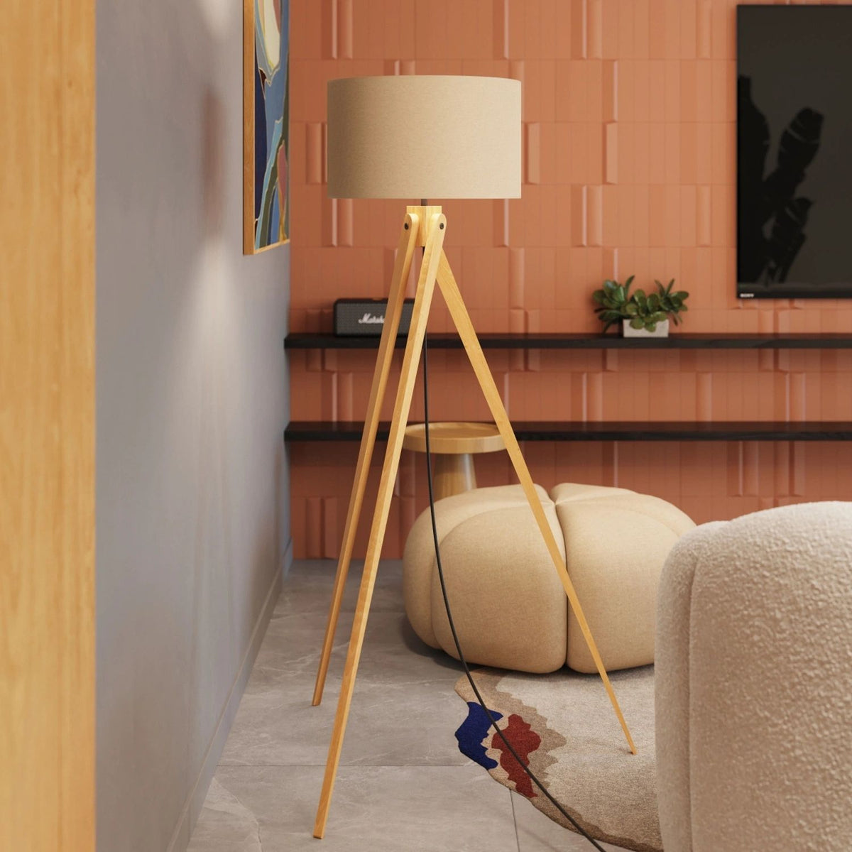 
Design Stehlampe "Natt" - Taupe/Naturholz