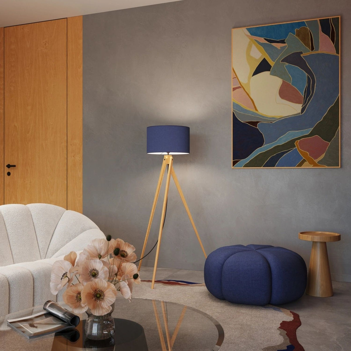 
Design Stehlampe "Natt" - Marineblau/Naturholz