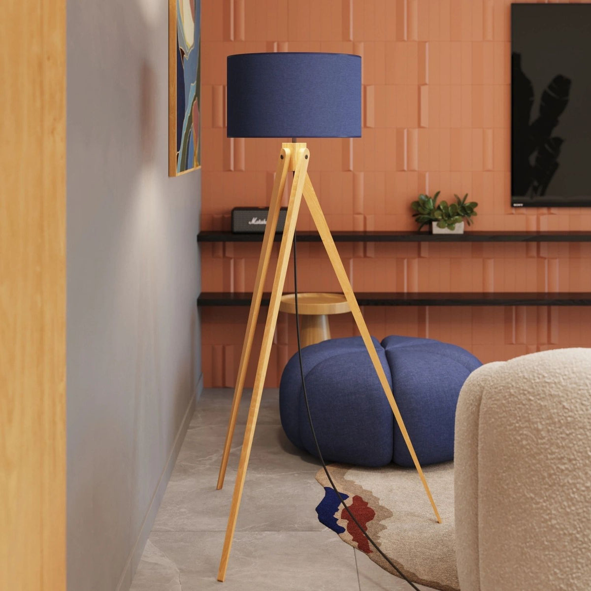 
Design Stehlampe "Natt" - Marineblau/Naturholz