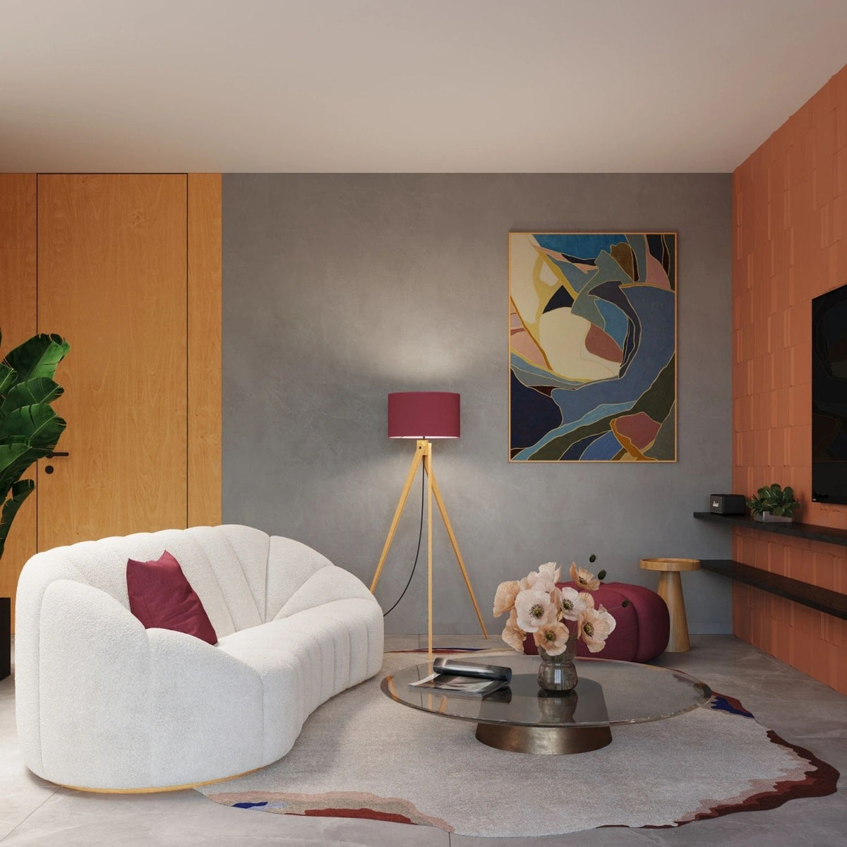 
Design Stehlampe "Natt" - Burgunderrot/Naturholz