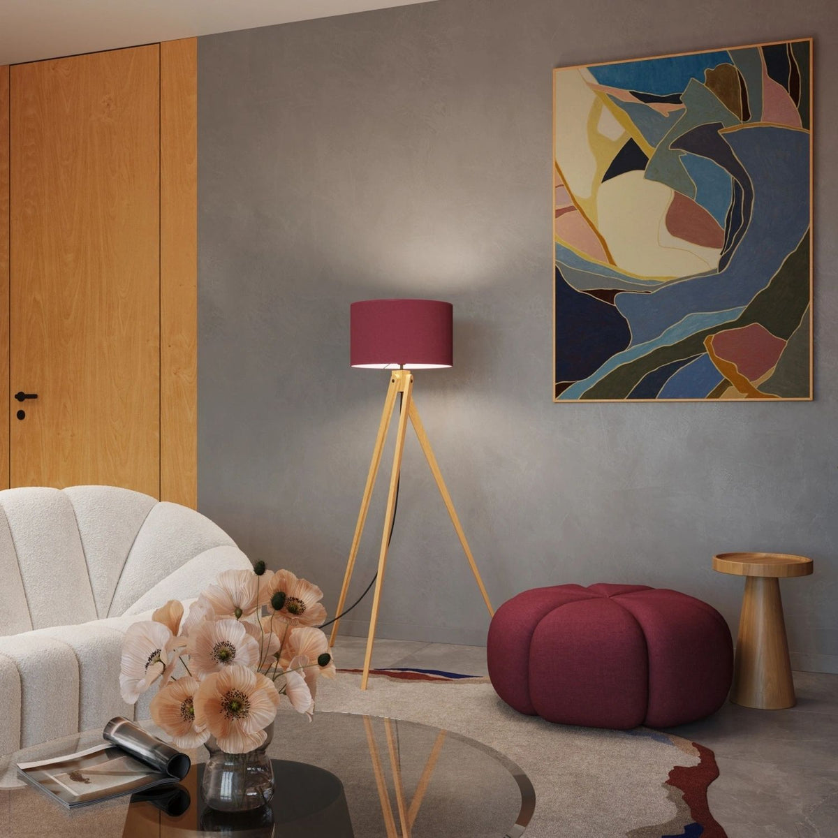 
Design Stehlampe "Natt" - Burgunderrot/Naturholz
