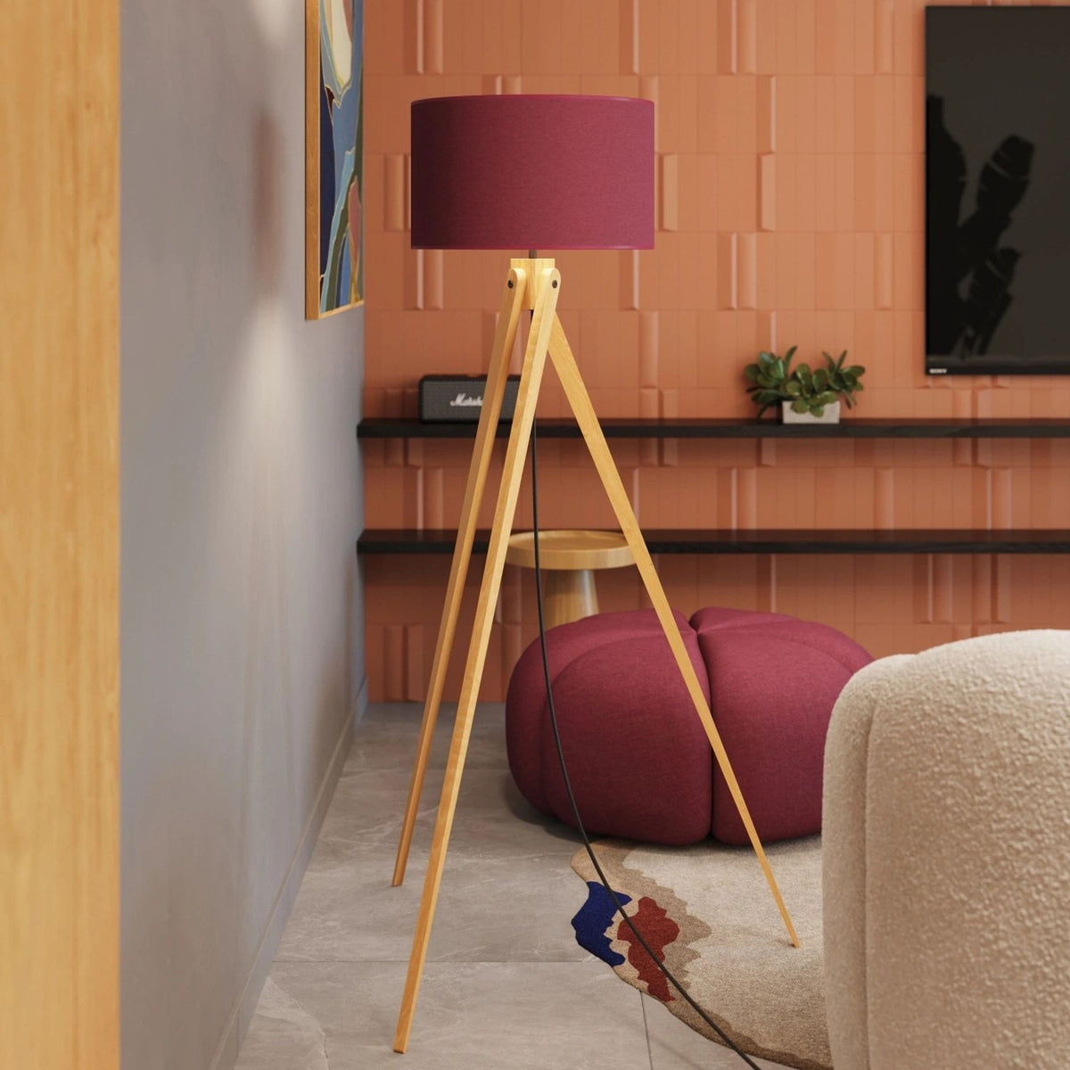 
Design Stehlampe "Natt" - Burgunderrot/Naturholz