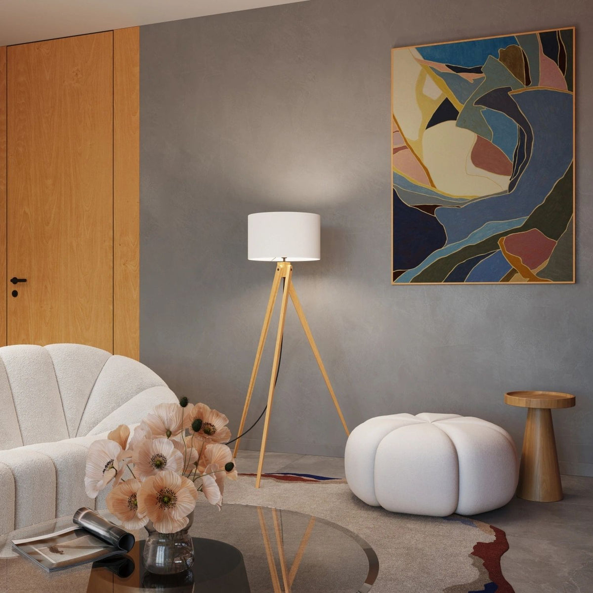 
Design Stehlampe "Natt" - Weiss/Naturfarbenes Holz