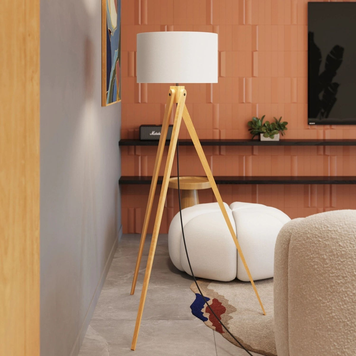 
Design Stehlampe "Natt" - Weiss/Naturfarbenes Holz