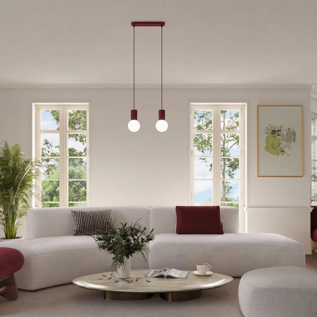 
Design Pendellampe „Halo II“, 3-flammig - Burgundrot