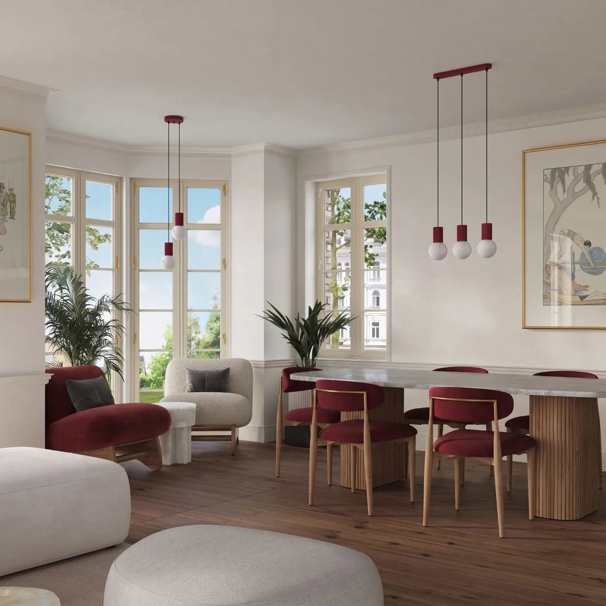 
Design Pendellampe „Halo II“, 3-flammig - Burgundrot
