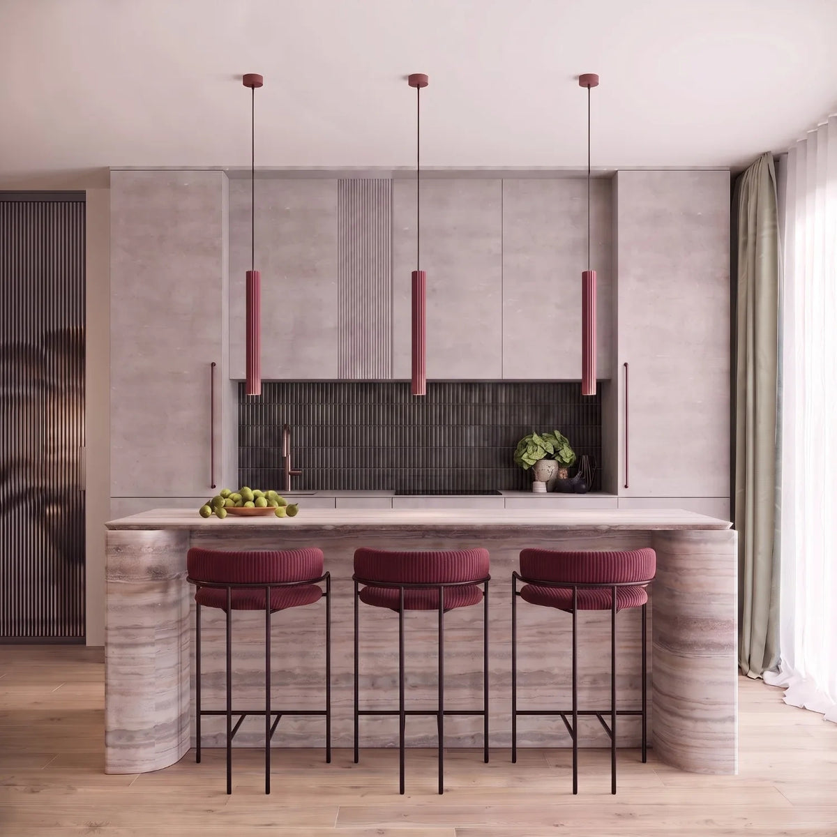 
Design Pendellampe „Arche“ - 2-flammig - Burgundrot
