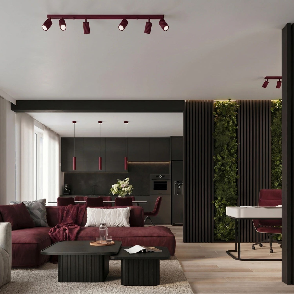 
Design Pendellampe „Karbon“ 1-flammig - Burgundrot