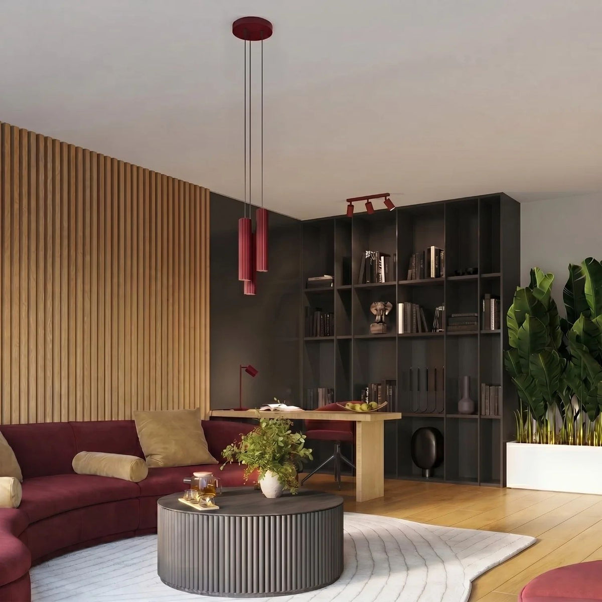 
Design Pendellampe „Karbon“ 3-flammig - Burgundrot