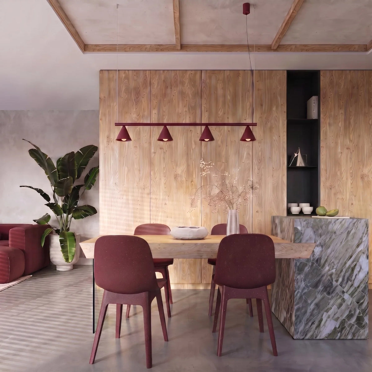 
Design Pendellampe „Nox“ 4-flammig - Burgundrot