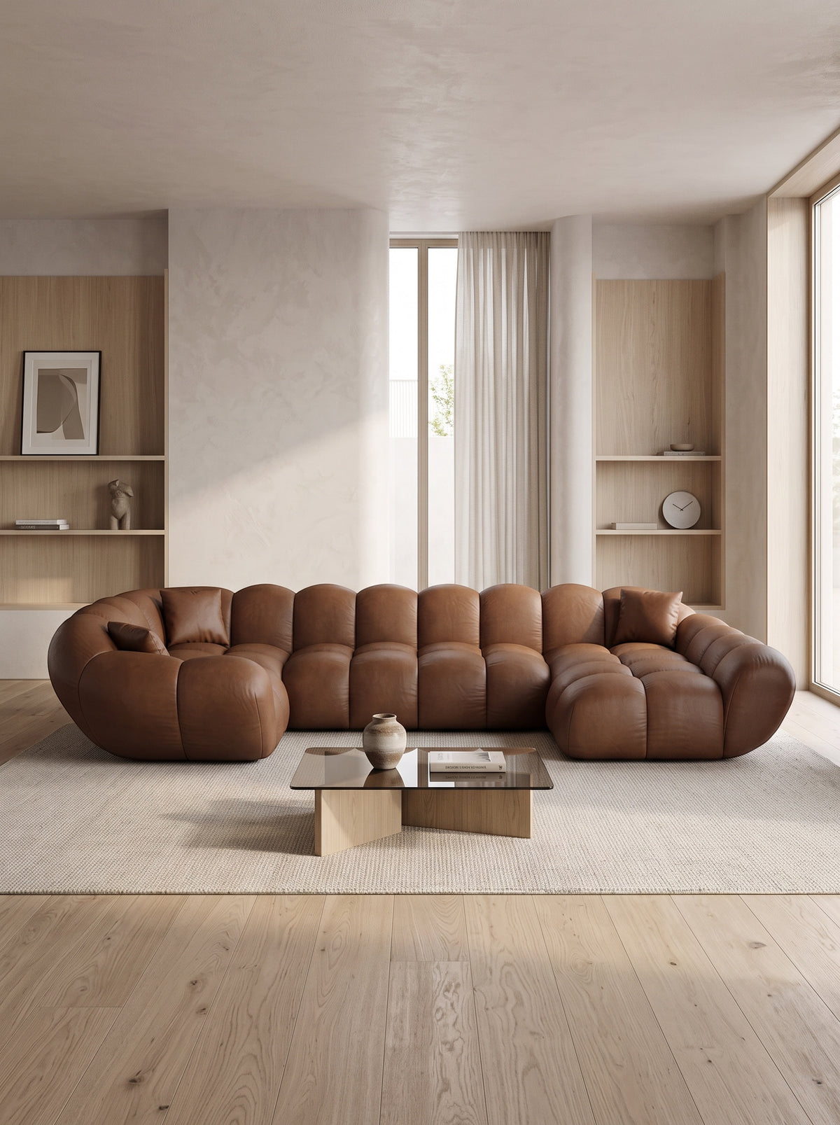
Canapé panoramique design 6 places en cuir véritable « Levante XL » - Cuir véritable Choco Brown / Côté long gauche
