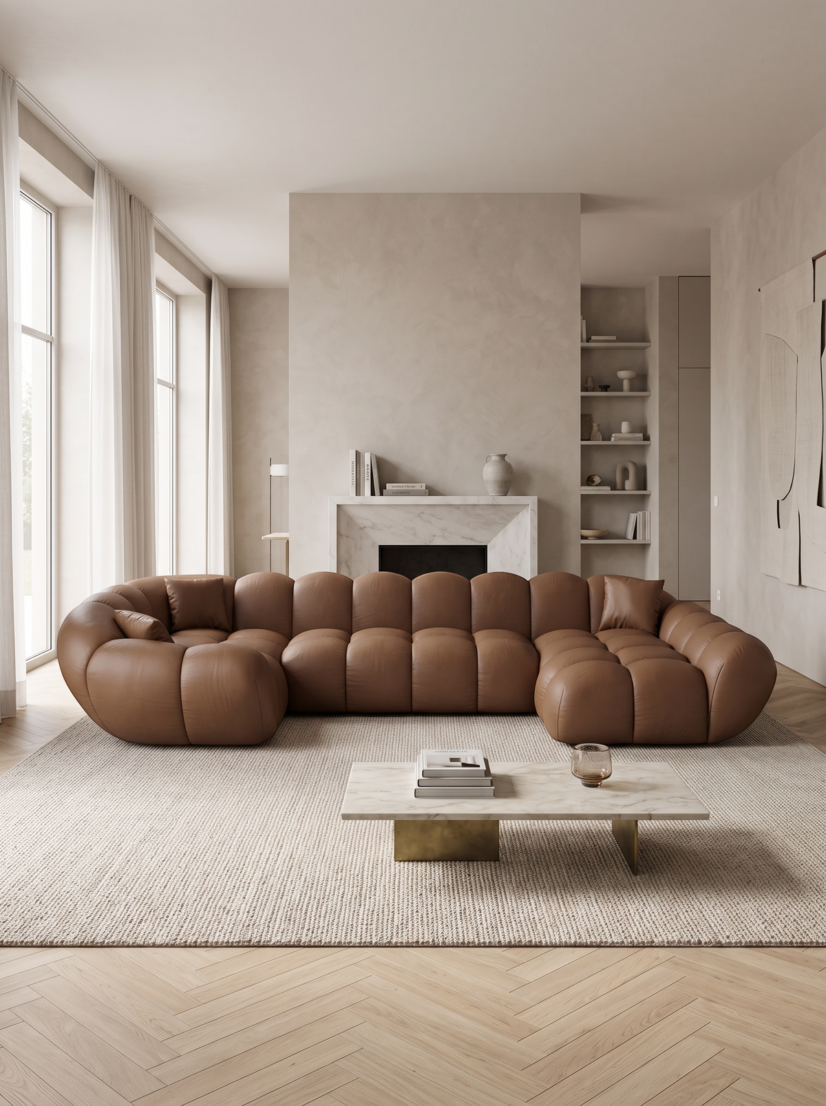 
Canapé panoramique design 6 places en cuir véritable « Levante XL » - Cuir véritable Choco Brown / Côté long gauche