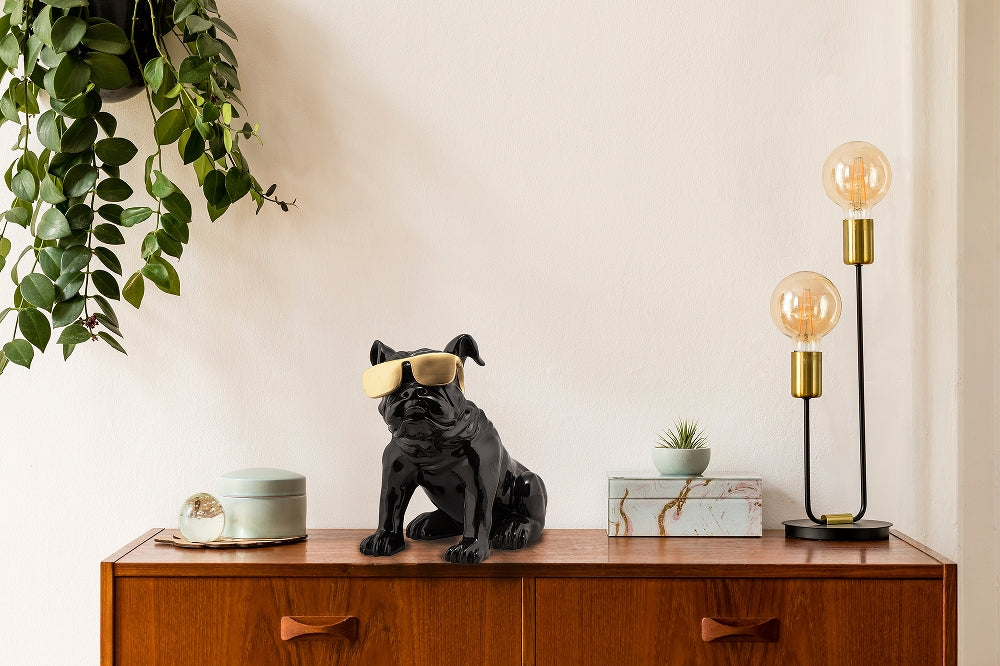 
Sculpture design artisanale "Bouledogue avec lunettes de soleil dorées" 40 x 23 cm