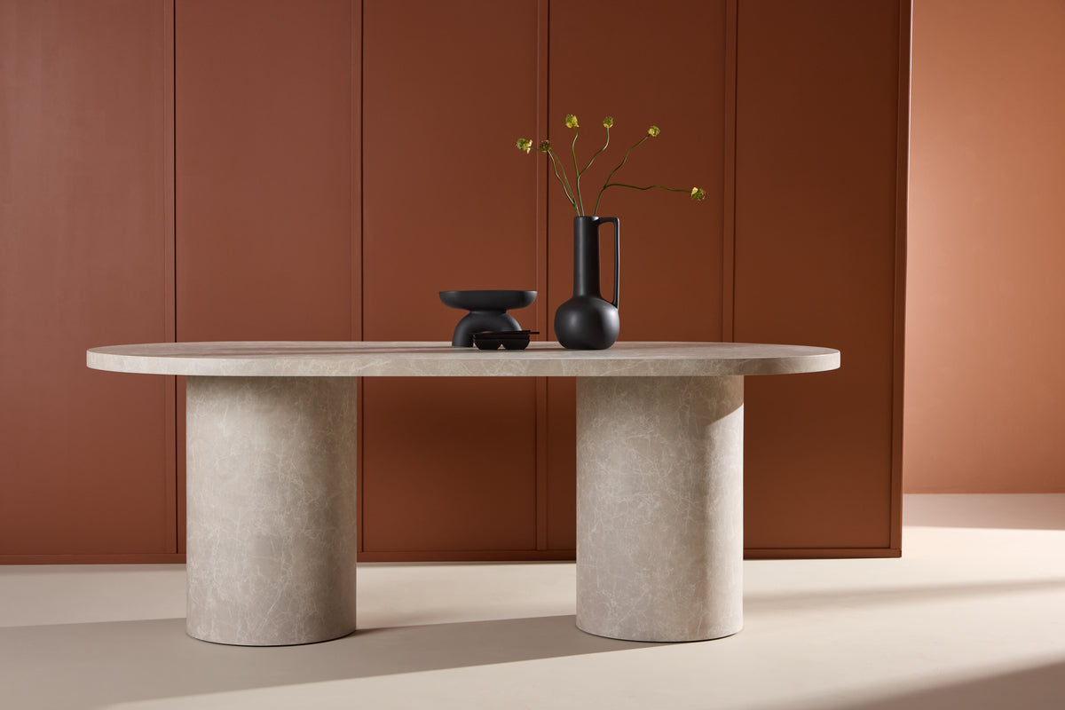 
Ovaler Design Esstisch „Narvik“ 200 x 100 cm, Marmoroptik Beige