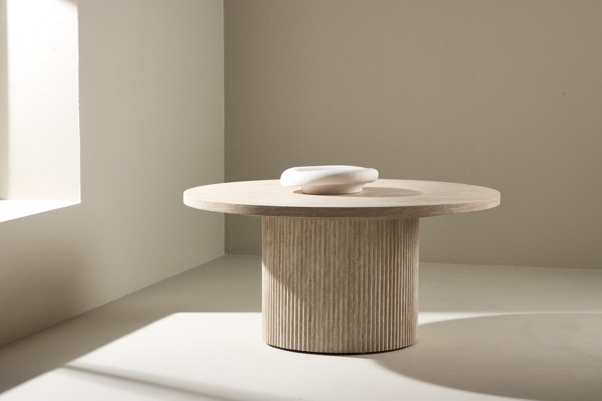 
Round Designer Coffee Table "Härön" Ø 80 cm, Travertine Look