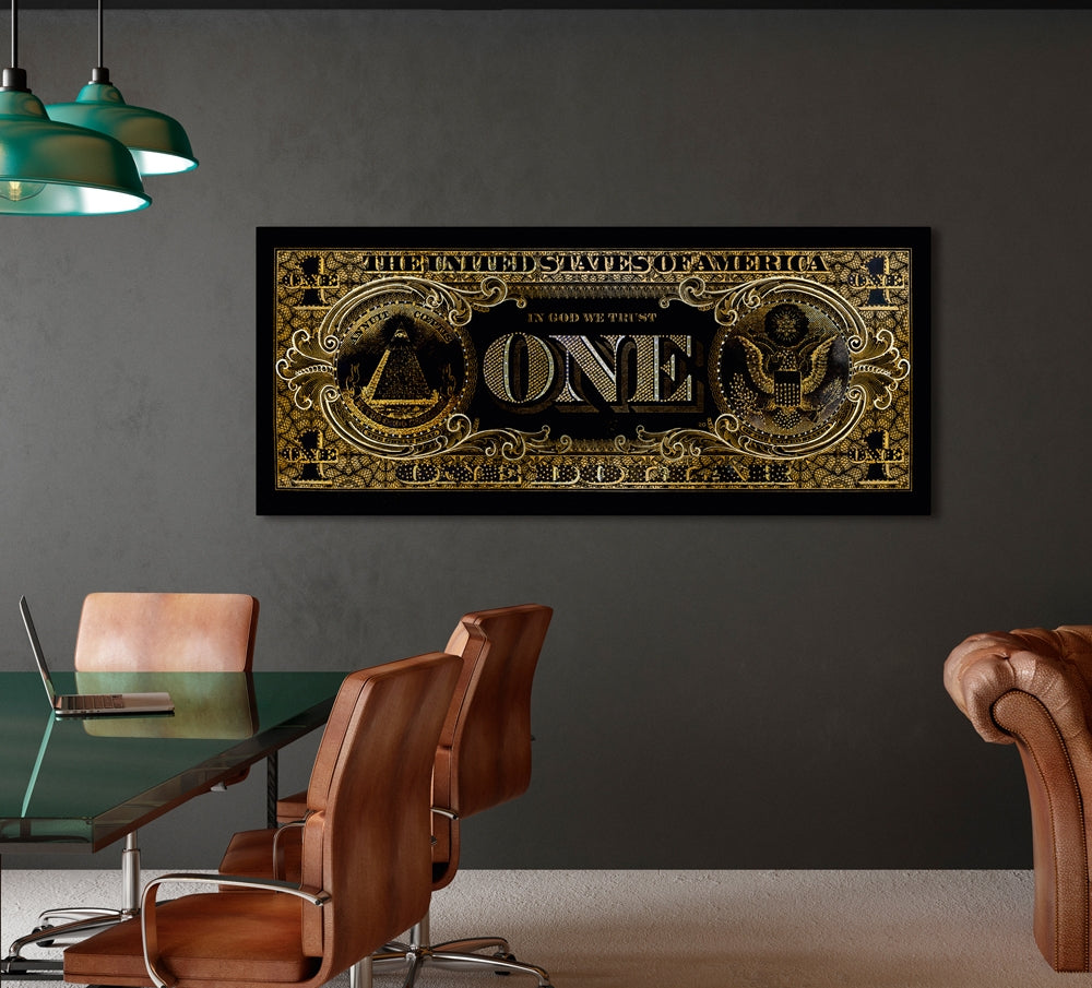 
Glasbild „1$ Schein in Schwarz-Gold“ 60 x 140 cm