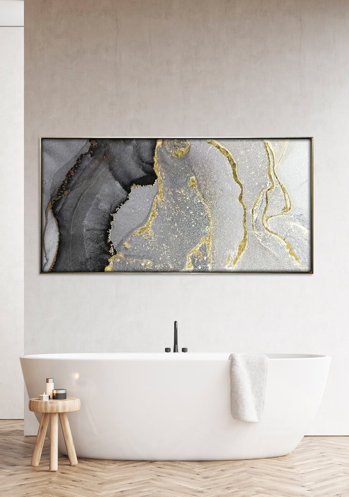 
Glasbild „Abstrakt in gold & grau II“ 70 x 140 cm