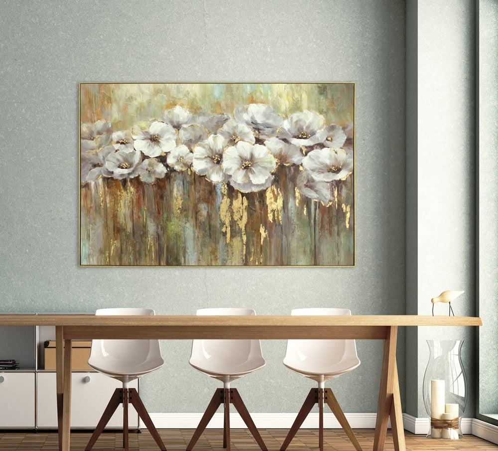 
Quadro dipinto a mano e incorniciato «Papaveri bianchi con oro» 80 x 120 cm