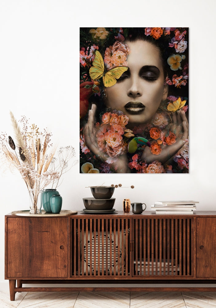 
Glasbild „Schöne im Blumenmeer“ 90 x 120 cm