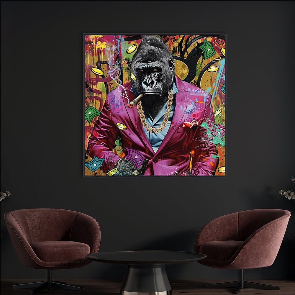 
Tableau encadré peint à la main « Gentleman Pink Gorilla » 80 x 80 cm