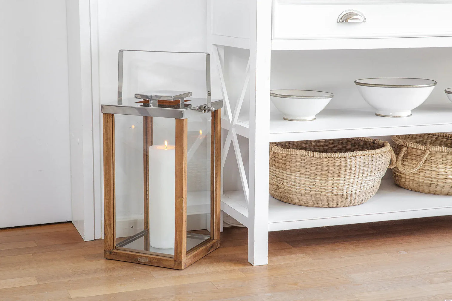 
Lanterne Premium « Miami » en teck et acier inoxydable nickelé brillant - Hauteur 49 cm