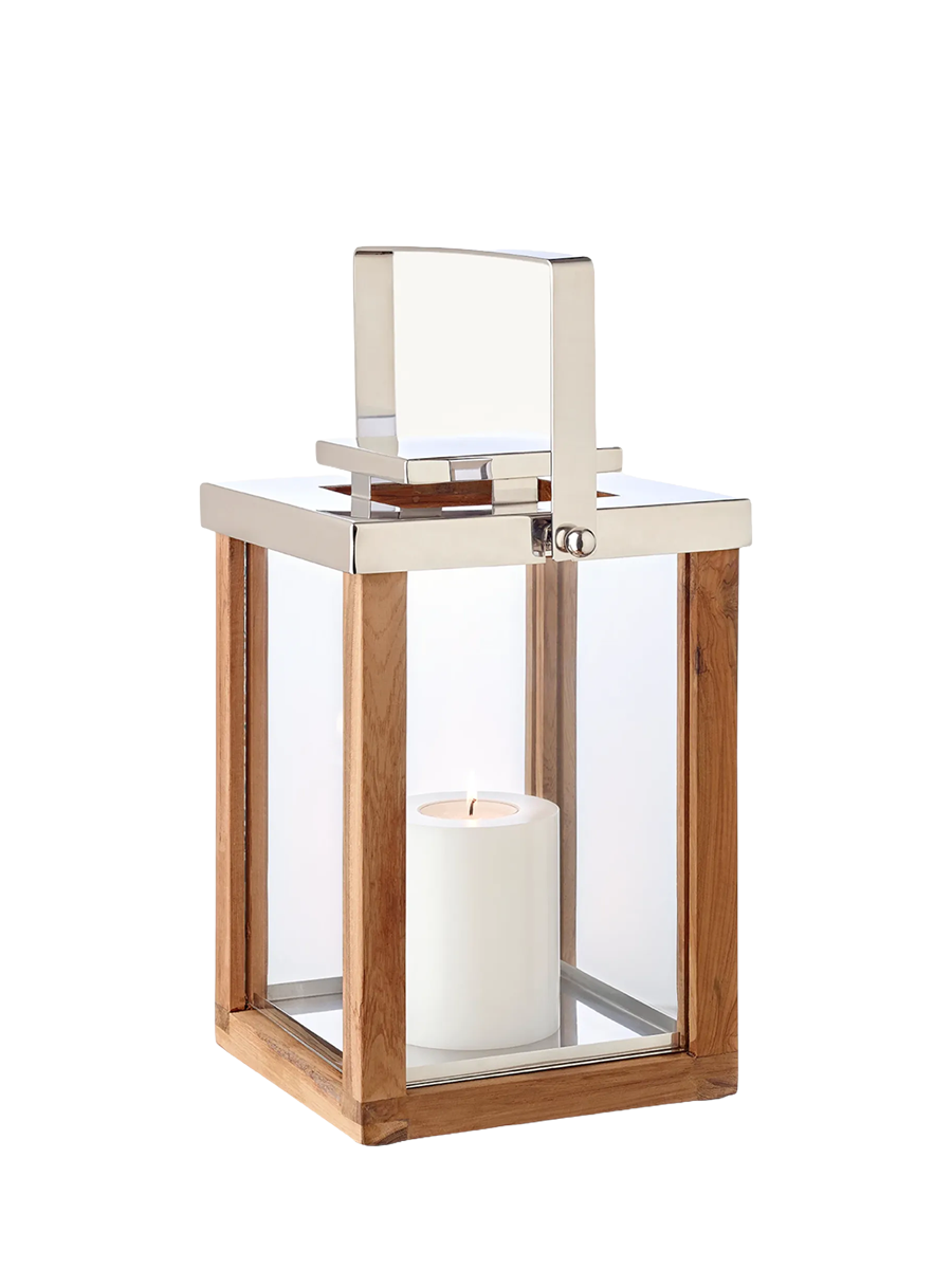 
Lanterne Premium « Miami » en teck et acier inoxydable nickelé brillant - Hauteur 36 cm