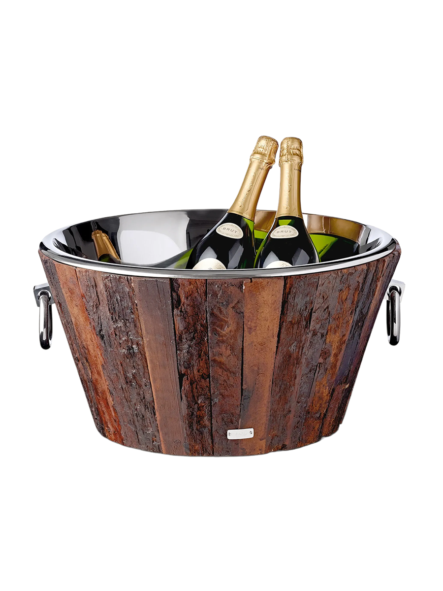 
Grand seau à champagne "Montgomery" en teck et acier inoxydable nickelé brillant, double paroi Ø 47 cm