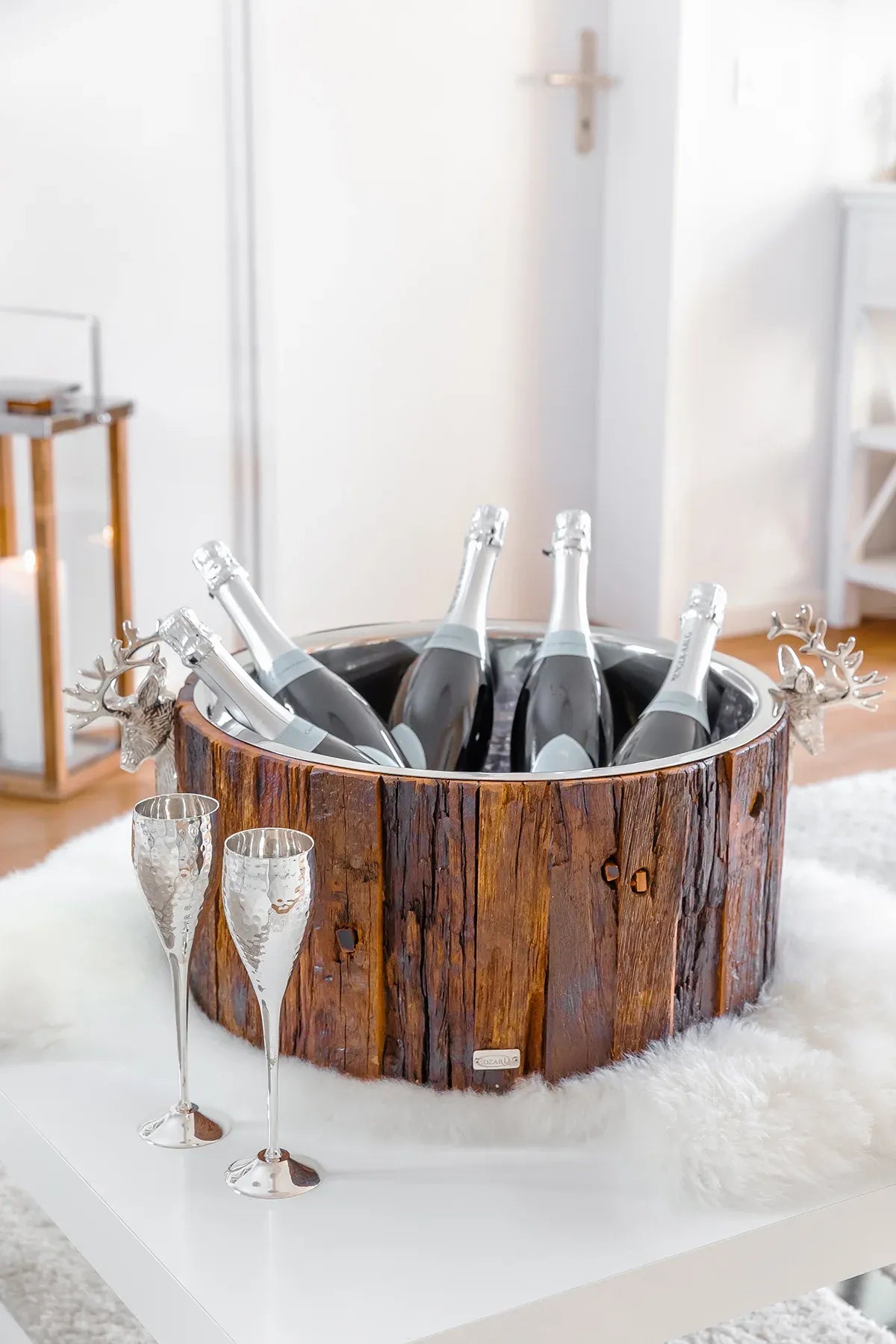 
XXL Premium Champagne Cooler "Kensington" made of Teak Wood & High-Gloss Nickel-Plated Stainless Steel, Double-Walled - Ø 52 cm