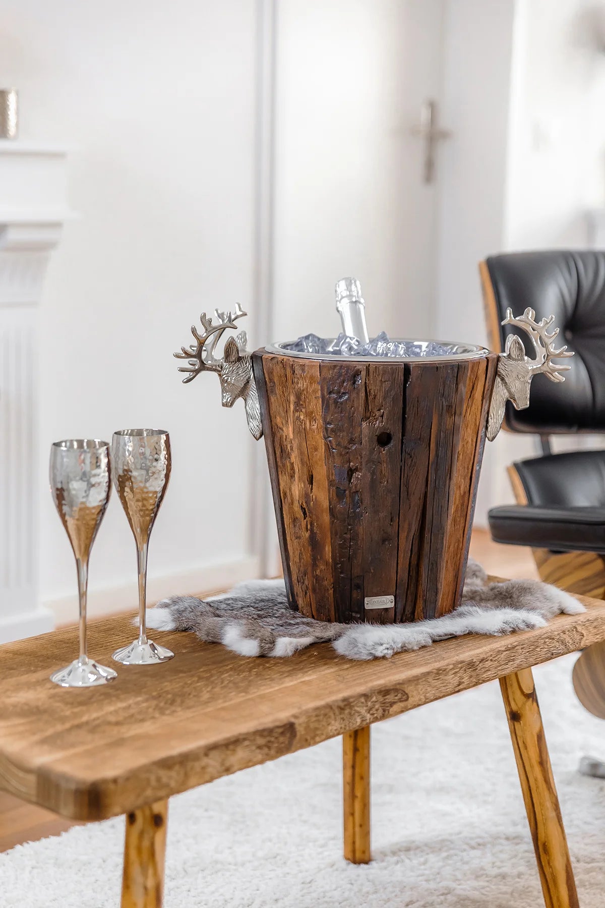
XXL Premium Champagne Cooler "Kensington" made of Teak Wood & High-Gloss Nickel-Plated Stainless Steel, Double-Walled - Ø 46 cm