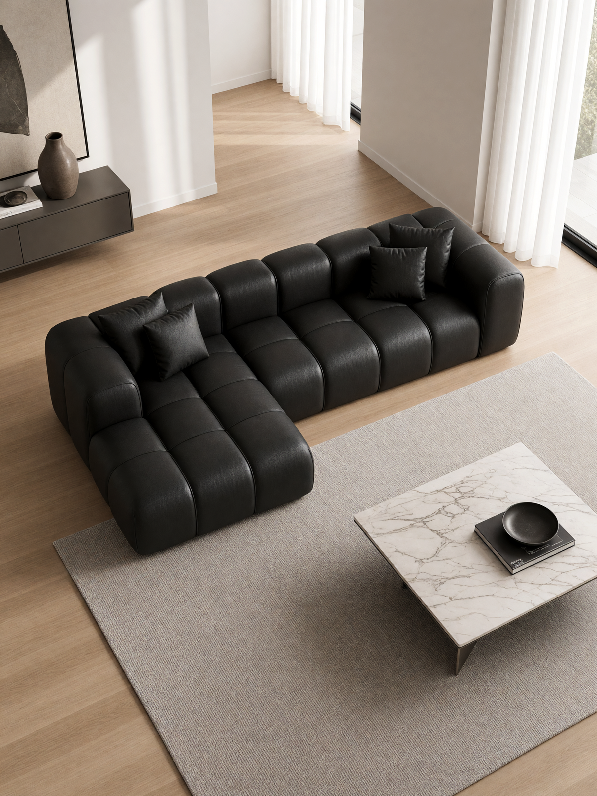 
4-Sitzer Design Echtleder Ecksofa „Alba“ - Echtleder Schwarz / Eckteil links
