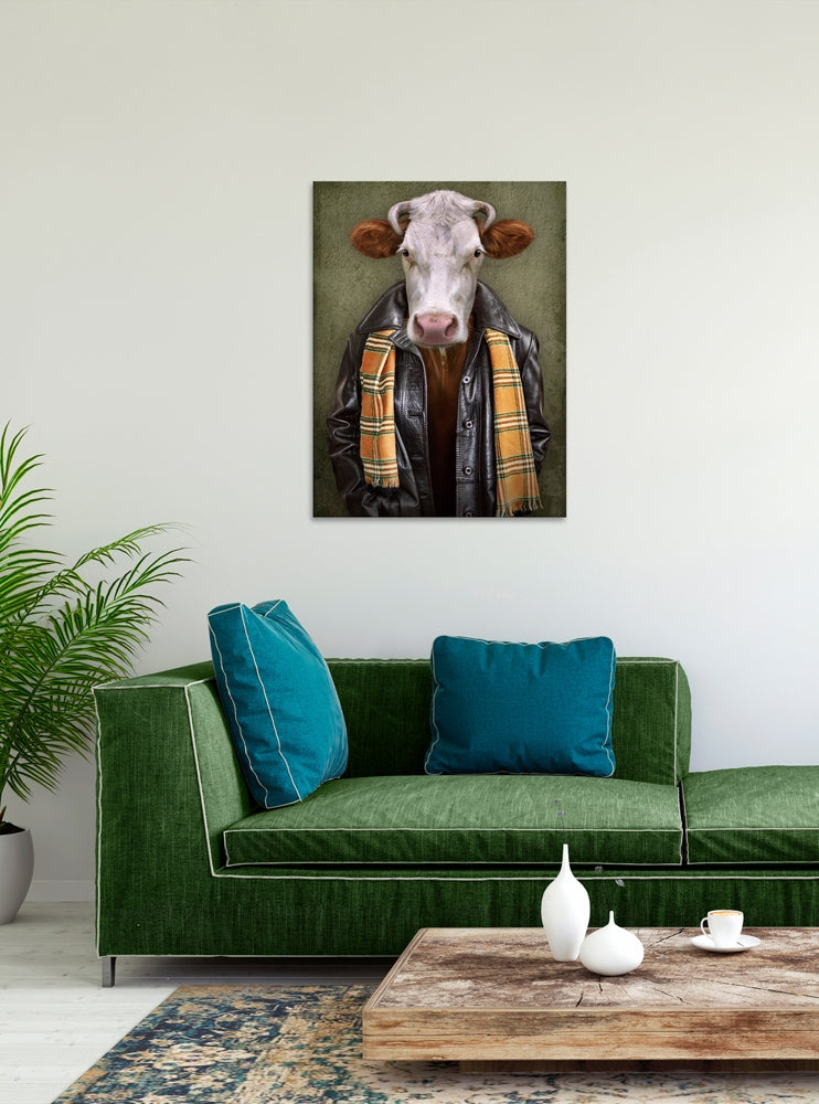
Tableau en verre « Vache avec blouson en cuir » 60 x 80 cm