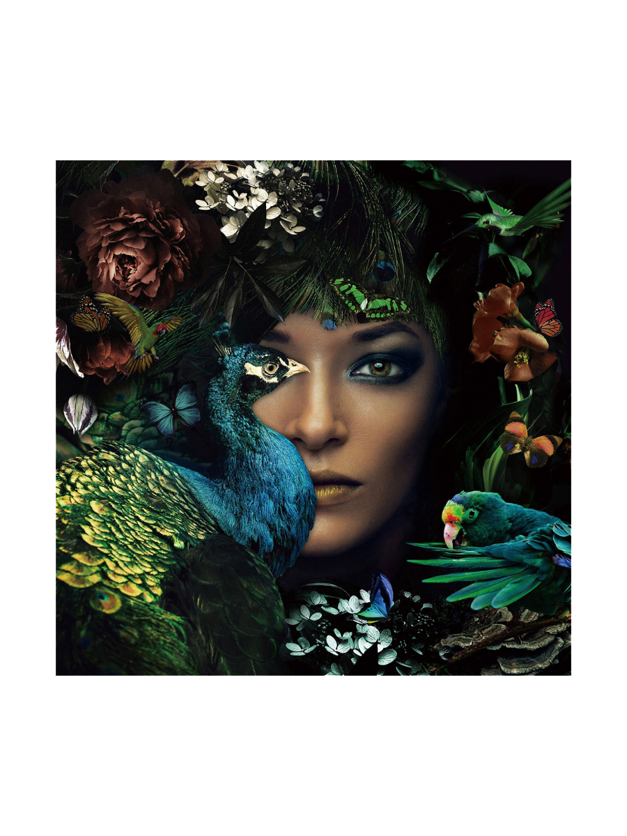 
Glasbild „Die Lady und der Pfau“ 100 x 100 cm