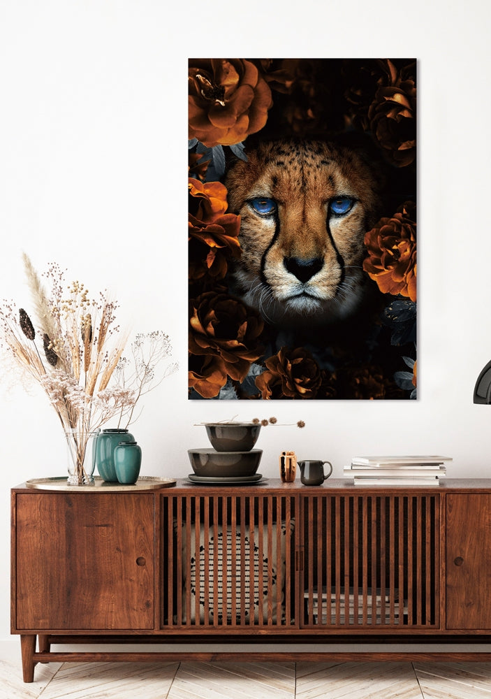 
Glasbild „Leopard in Blumen“ 80 x 120 cm