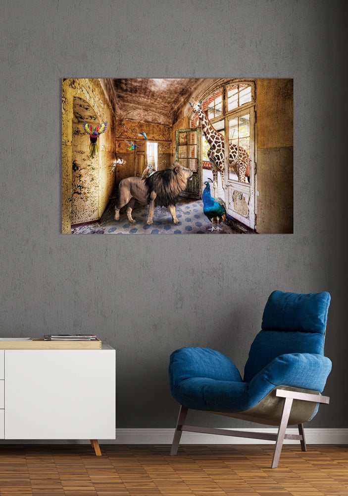 
Tableau en verre « Animaux de la jungle cherchent un foyer » 80 x 120 cm
