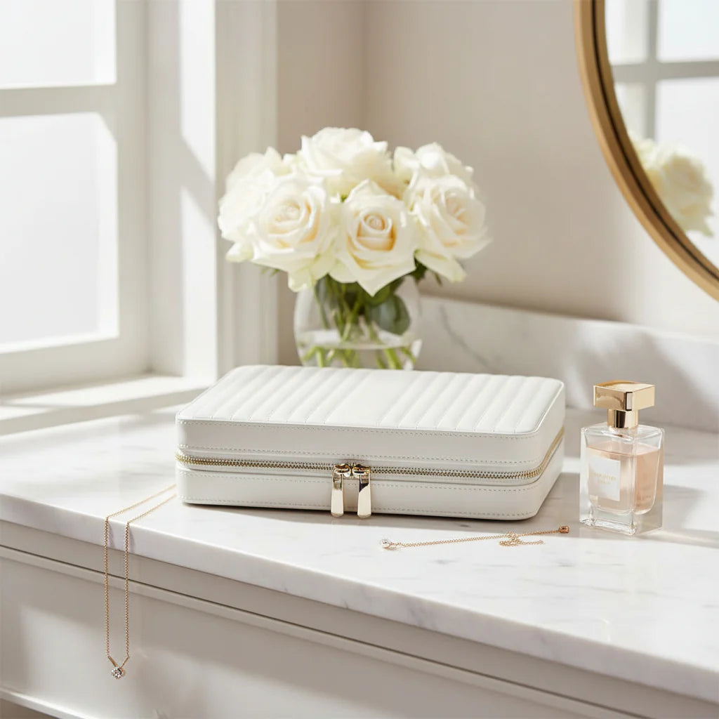 
Large Genuine Leather Jewelry Box "Maria Large Zip Case" - White