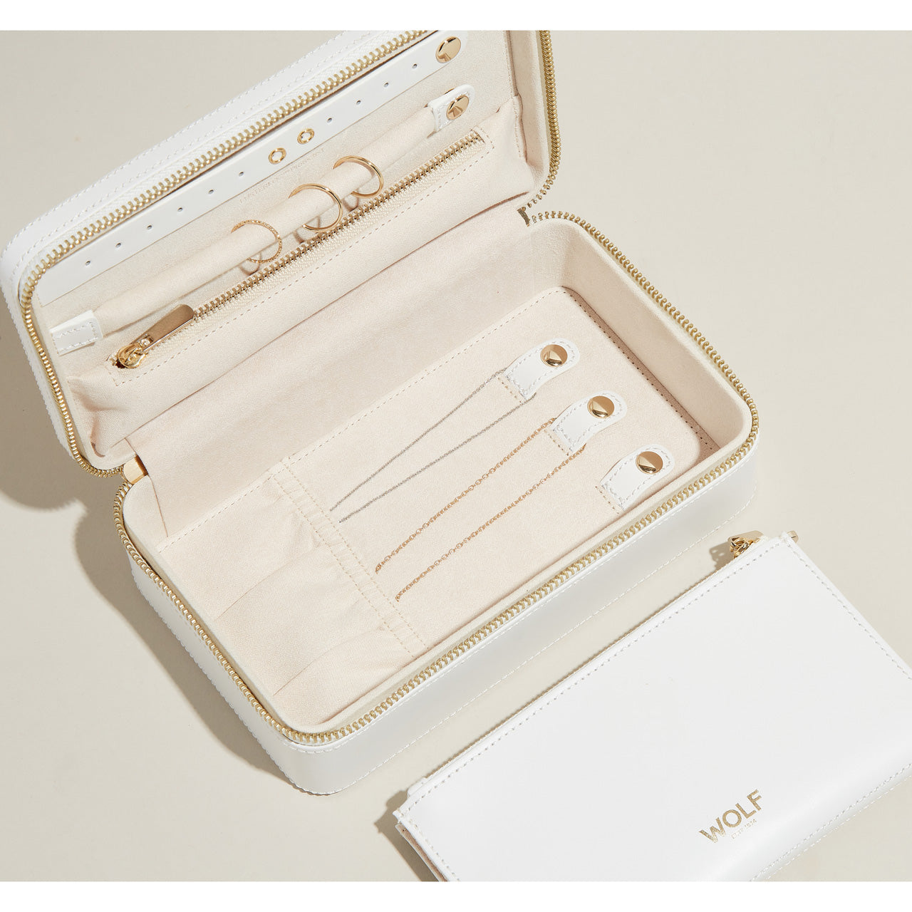 
Genuine Leather Jewelry Box "Maria Medium Zip Case" - White