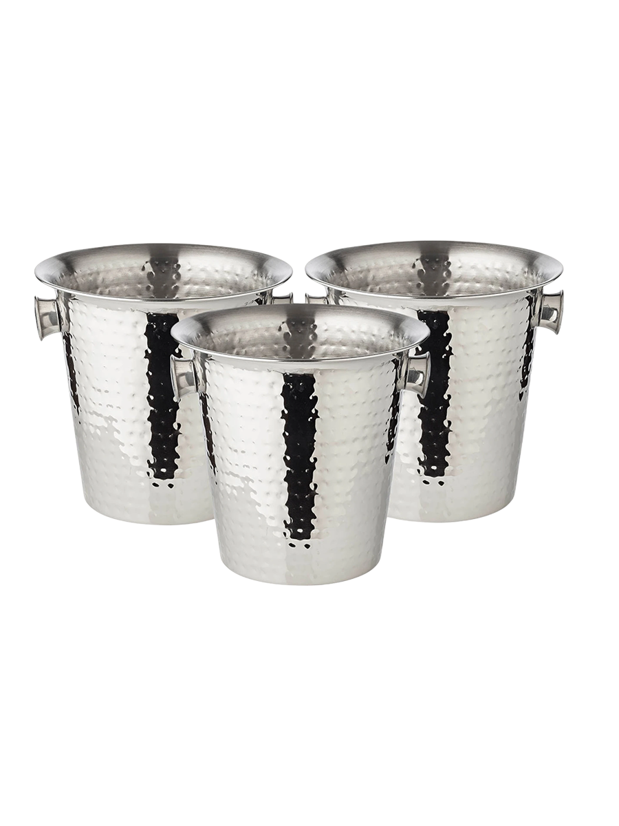 
3-Piece Set of Premium Champagne Coolers "Joey" - High-Gloss Polished & Hammered Stainless Steel