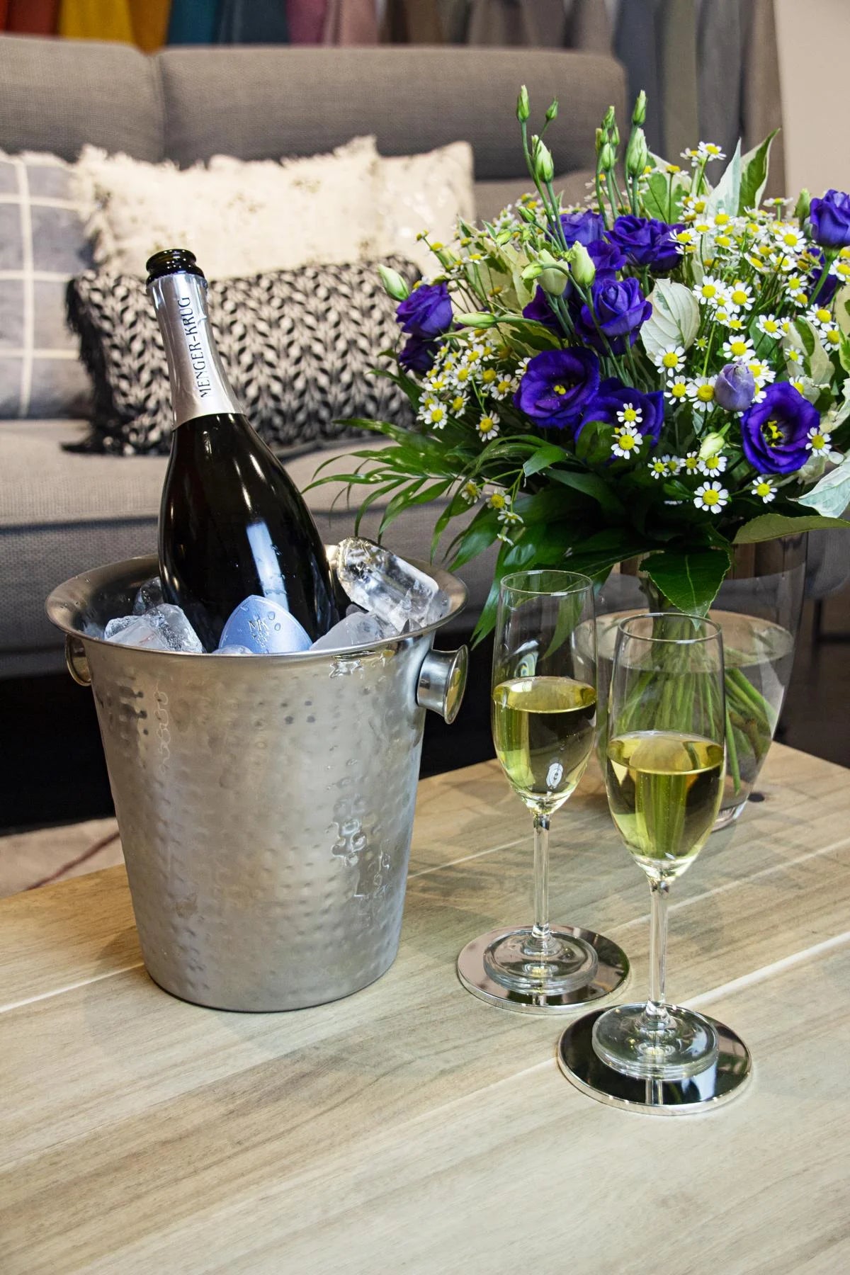 
3-Piece Set of Premium Champagne Coolers "Joey" - High-Gloss Polished & Hammered Stainless Steel