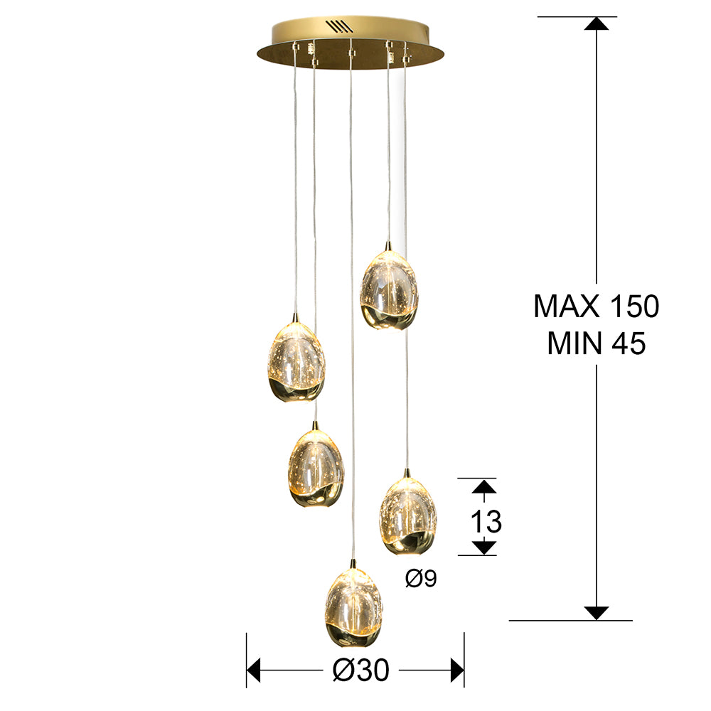 
Suspension design LED dimmable « Rocio » à 5 lampes, dorée - sans télécommande