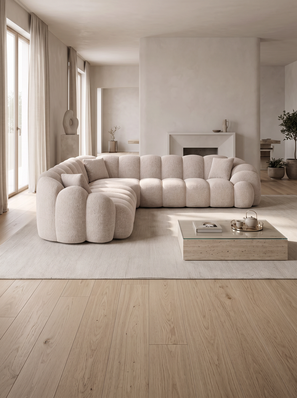 
5-seater designer corner sofa “Solea” with textured fabric upholstery - Textured fabric Beige