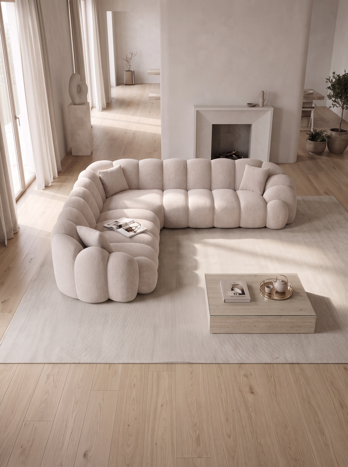 
5-seater designer corner sofa “Solea” with textured fabric upholstery - Textured fabric Beige